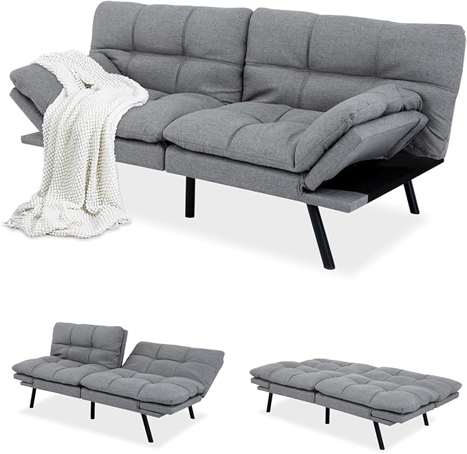 MUUEGM Futon Sofa Bed,Convertible Memory Foam Futons Couch Bed,Folding Sofa Bed Sleeper Couch Loveseat for Living Room,office,Apartment,Small Space,Adjustable Backrest Armrests,Light Grey - LeafyLoom
