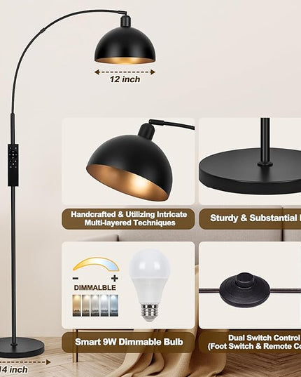 【Upgraded】Black Arc Floor Lamps for Living Room - Dimmable Arched Floor Lamp with Remote Control & 2700-6000K 9W LED Bulb Included, Modern Arch Standing lamp, Industrial Tall Lamp for Bedroom Reading - LeafyLoom