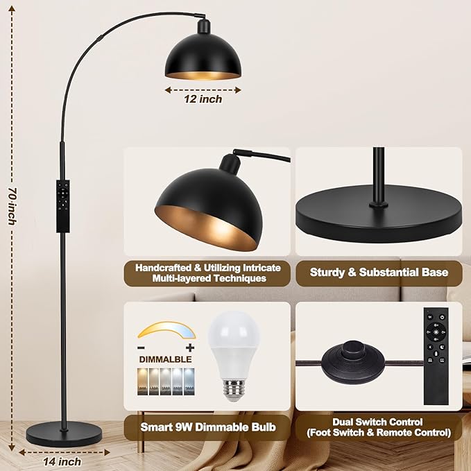 【Upgraded】Black Arc Floor Lamps for Living Room - Dimmable Arched Floor Lamp with Remote Control & 2700-6000K 9W LED Bulb Included, Modern Arch Standing lamp, Industrial Tall Lamp for Bedroom Reading - LeafyLoom