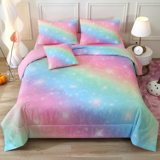 JQinHome Glitter Bedding Set Twin Size,6 Piece Bed in A Bag 3D Colorful Rainbow Galaxy Comforter Set for Girls Kids-All Season Microfiber Tie-Dye Bedding Sets(Rainbow) - LeafyLoom