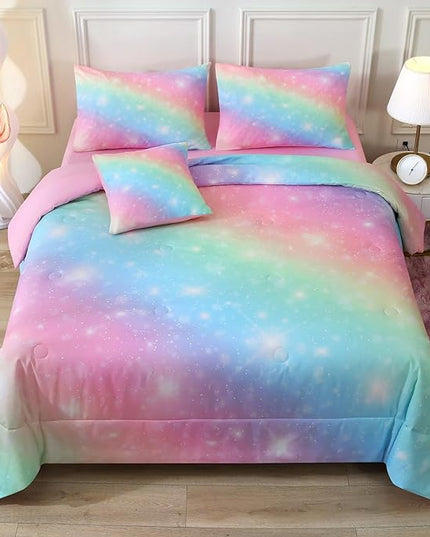 JQinHome Glitter Bedding Set Full Size,6 Piece Bed in A Bag 3D Colorful Rainbow Galaxy Comforter Set for Girls Kids-All Season Microfiber Tie-Dye Bedding Sets(Rainbow) - LeafyLoom