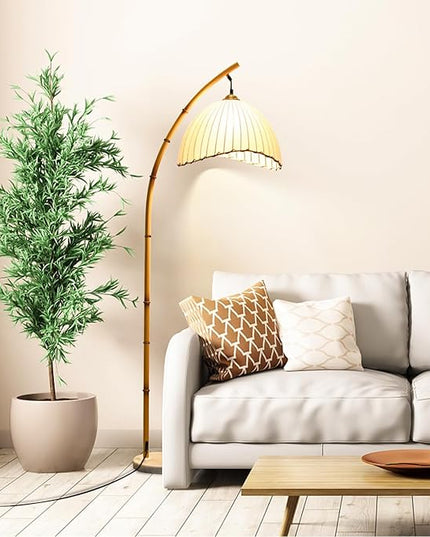 Vintage Bamboo Floor Lamp, Unique Bohemian Arc Floor Lamp, Vine Style, Restaurant Vertical Light, Farmhouse Study Living Room, Marble Base Light Living Room Corner - LeafyLoom