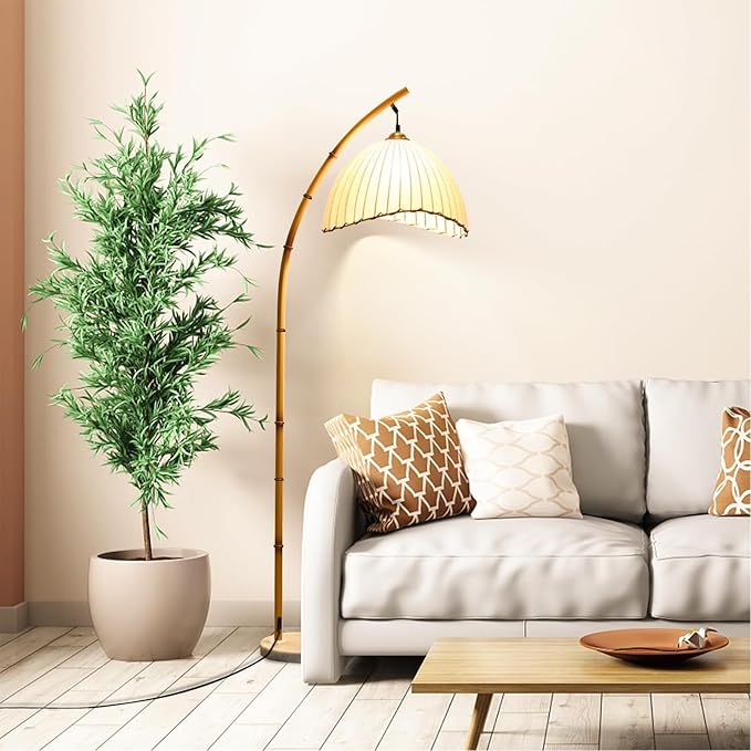 Vintage Bamboo Floor Lamp, Unique Bohemian Arc Floor Lamp, Vine Style, Restaurant Vertical Light, Farmhouse Study Living Room, Marble Base Light Living Room Corner - LeafyLoom