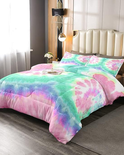 Erosebridal Kids Tie Dye Comforter Set, Bohemian Psychedelic Duvet Sets King Size for Girls Boys Teens Women Bedroom, Boho Gypsy Spiral Bedding Set Watercolor Trippy Duvet Insert, Pink Teal Blue - LeafyLoom