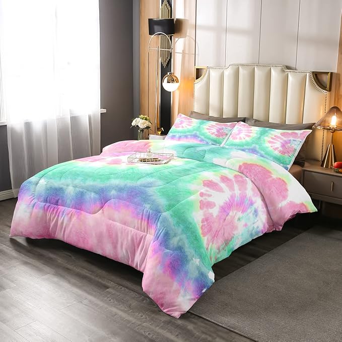 Erosebridal Kids Tie Dye Comforter Set, Bohemian Psychedelic Duvet Sets Twin Size for Girls Boys Teens Women Bedroom, Boho Gypsy Spiral Bedding Set Watercolor Trippy Duvet Insert, Pink Teal Blue - LeafyLoom