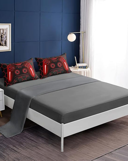 5 Pieces Bed in a Bag for Boys Bedding Sets Twin Size,Gamer Comforter Sets for Boys Kids, Gaming Comforter Set for Boys Room Decor with Flat Sheet,Fitted Sheet,Pillowcase,Cushion Cover - LeafyLoom