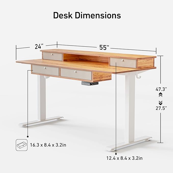 FEZIBO Sturdy Height Adjustable Electric Standing Desk with Drawers, 55 x 24 Inch Stand Up Table with Large Storage Shelf, Sit Stand Desk, Light Rustic Brown Top - LeafyLoom