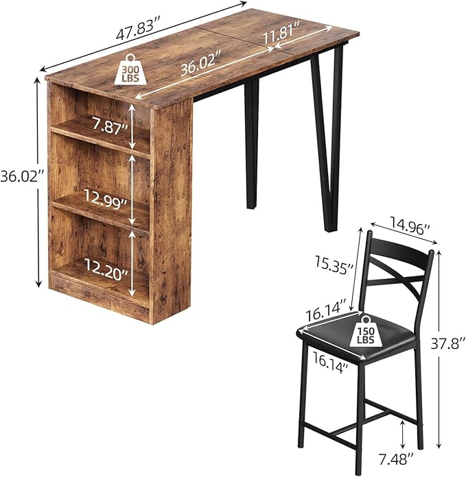 GAOMON Dining Table Set for 2, Kitchen Table Set for 2, Expandable Kitchen Bar Table and Chairs with 2 Upholstered Chairs and 3 Storage Shelves for Apartment Small Space, Rustic Brown - LeafyLoom