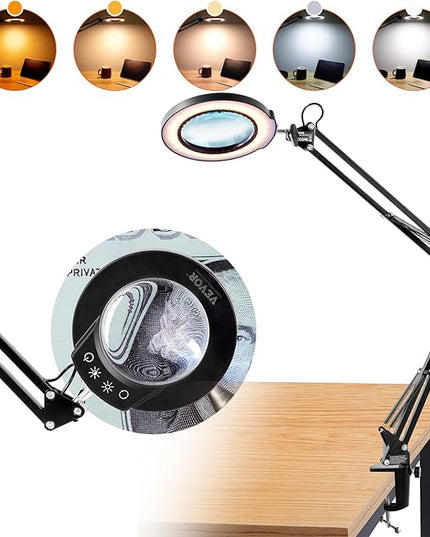 VEVOR Magnifying Glass with Light, 5X Magnifying Lamp, 4.3" Glass Lens, Desk Magnifier with Light, 64 LED Lights 5 Color Modes, with Clamp for Close Work, Reading, Repair Crafts - LeafyLoom