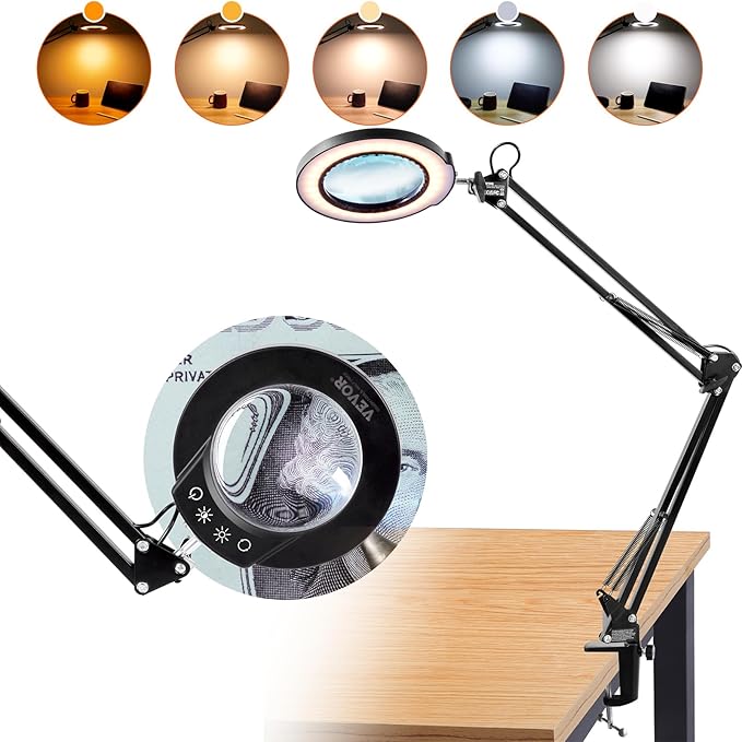 VEVOR Magnifying Glass with Light, 5X Magnifying Lamp, 4.3" Glass Lens, Desk Magnifier with Light, 64 LED Lights 5 Color Modes, with Clamp for Close Work, Reading, Repair Crafts - LeafyLoom