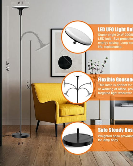 Led Floor Lamp, Bright Sky Torchiere Floor Lamps with Adjustable Gooseneck, Dimmable Floor Reading Lamp with Remote Control, Modern Tall Standing Lamp for Living Room, Bedroom and Office - LeafyLoom