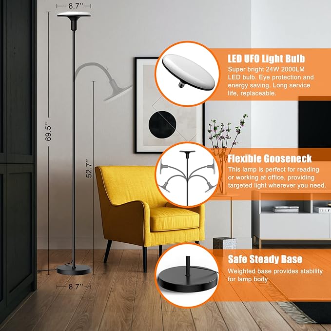 Led Floor Lamp, Bright Sky Torchiere Floor Lamps with Adjustable Gooseneck, Dimmable Floor Reading Lamp with Remote Control, Modern Tall Standing Lamp for Living Room, Bedroom and Office - LeafyLoom