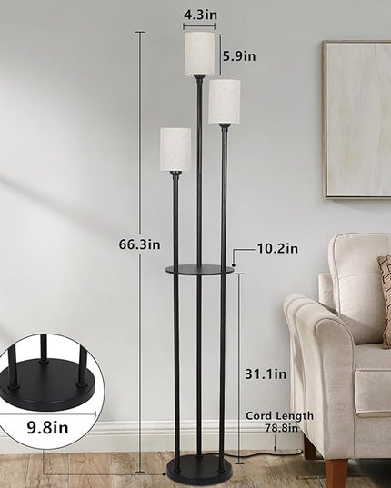 Floor Lamp with Shelves, Modern Floor Lamps for Living Room, 3-Lights Standing Lamp with Linen Shade and Foot Switch, Industrial Standing Lamps for Bedroom, Black Tall Table Lamp for Office - LeafyLoom