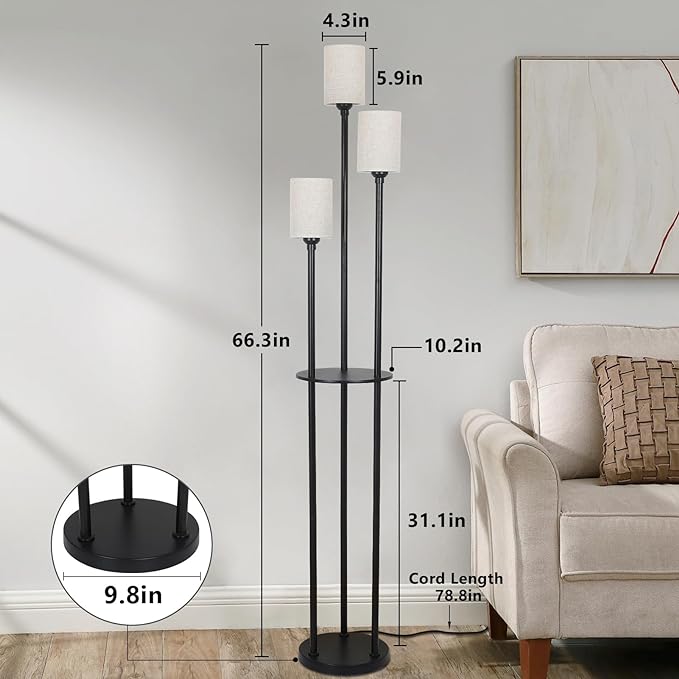 Floor Lamp with Shelves, Modern Floor Lamps for Living Room, 3-Lights Standing Lamp with Linen Shade and Foot Switch, Industrial Standing Lamps for Bedroom, Black Tall Table Lamp for Office - LeafyLoom