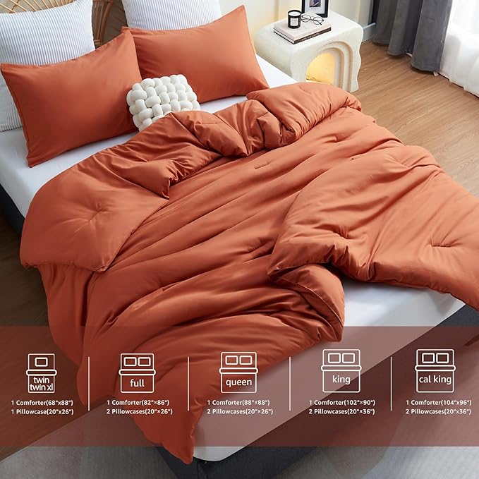 CozyLux Terracotta Comforter Set Twin/Twin XL Size, 2 Pieces Twin Extra Long Solid Burnt Orange Breathable Boho Style Bedding Sets, Luxury Soft Comforter All Season(1 Comforter & 1 Pillowcase) - LeafyLoom