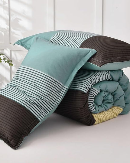 WONGS BEDDING Comforter Set Queen, Reversible Dusty Blue Striped Patchwork Down Alternative Comforter for Queen Bed, 3 Pieces (1 Comforter+2 Pillowcases), Soft Microfiber Bedding Set 90"×90" - LeafyLoom