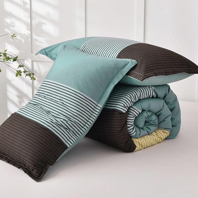 WONGS BEDDING Comforter Set Queen, Reversible Dusty Blue Striped Patchwork Down Alternative Comforter for Queen Bed, 3 Pieces (1 Comforter+2 Pillowcases), Soft Microfiber Bedding Set 90"×90" - LeafyLoom