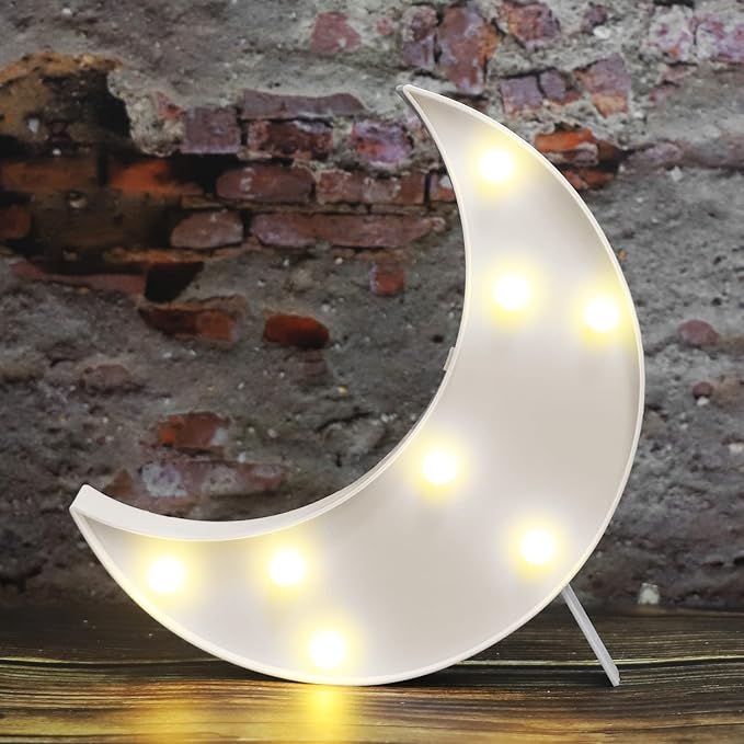 LED Moon Shaped Marquee Signs, Light Up Moon Night Lights Battery Operated Crescent Moon Lamp for Bedroom, Christmas, Birthday Party Decor-Moon(White) - LeafyLoom
