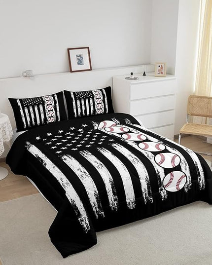 Feelyou Baseball Comforter American Flag Comforter Set Kids Boys Baseball Sports Games Bedding Set Children Girls Teens Black and White Ball Microfiber Quilt Set Room Decor for All Season Queen Size - LeafyLoom