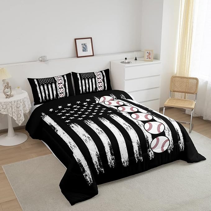 Feelyou Baseball Comforter American Flag Comforter Set Kids Boys Baseball Sports Games Bedding Set Children Girls Teens Black and White Ball Microfiber Quilt Set Room Decor for All Season Queen Size - LeafyLoom