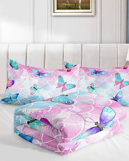 Datura home Kids Comforter Set Mermaid Scale Butterfly Printed Pattern Bedding Set with 1 Comforter and 2 Pillowcases for Girls Boys Bedroom All Season(Mermaid Full) - LeafyLoom
