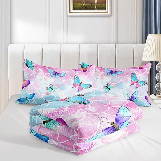Datura home Kids Comforter Set Mermaid Scale Butterfly Printed Pattern Bedding Set with 1 Comforter and 2 Pillowcases for Girls Boys Bedroom All Season(Mermaid Twin) - LeafyLoom