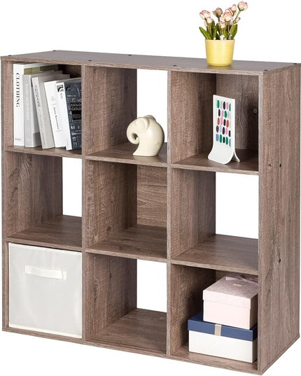 PACHIRA US 9 Cube Storage Organizer, Wood Display Shelf, Free Standing Cubby Bookcase Cabinet Divider Bookshelf for 11 Inch Storage Basket, Rustic Brown Oak - LeafyLoom