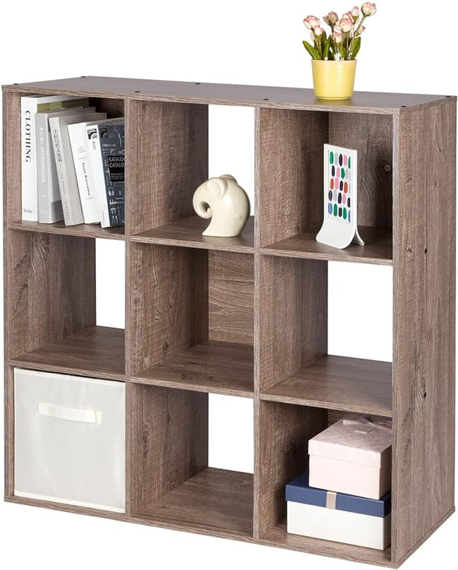 PACHIRA US 9 Cube Storage Organizer, Wood Display Shelf, Free Standing Cubby Bookcase Cabinet Divider Bookshelf for 11 Inch Storage Basket, Rustic Brown Oak - LeafyLoom