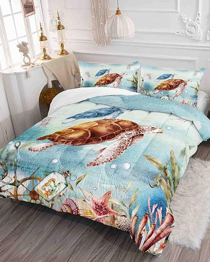 Datura home Sea Turtle Bedding Comforter Set for Boys Girls Teens Children Adults,Watercolor Sea Creatures Blue Ocean Theme Bedding Set with 1 Comforter and 2 Pillowcases(Turtle Queen) Blue Turtle - LeafyLoom