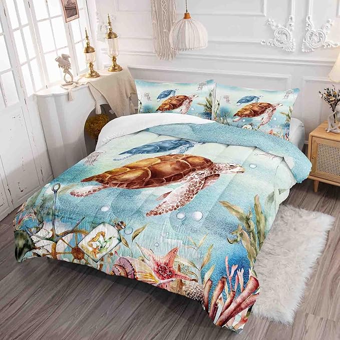 Datura home Sea Turtle Bedding Comforter Set for Boys Girls Teens Children Adults,Watercolor Sea Creatures Blue Ocean Theme Bedding Set with 1 Comforter and 2 Pillowcases(Turtle Twin) Blue Turtle - LeafyLoom