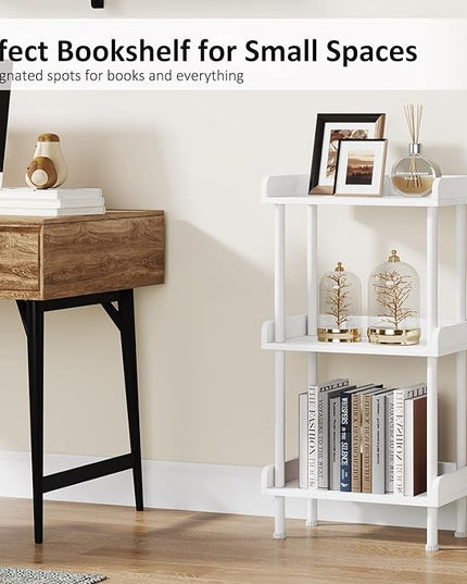 Bookshelf Small Book Shelf - 3-Tier Wood Bookcase Industrial Bookshelf with Edge Protection Metal Standing Book Shelves Display Book Rack for Living Room Bedroom Home Office (White) - LeafyLoom