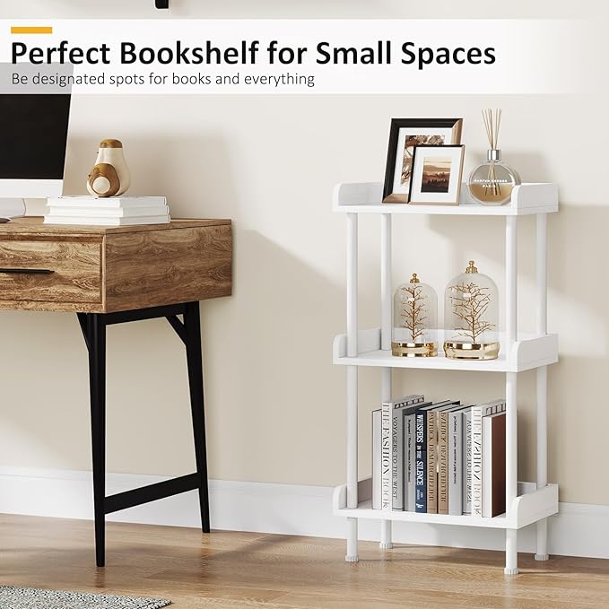 Bookshelf Small Book Shelf - 3-Tier Wood Bookcase Industrial Bookshelf with Edge Protection Metal Standing Book Shelves Display Book Rack for Living Room Bedroom Home Office (White) - LeafyLoom
