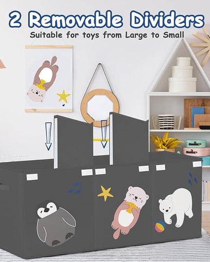 Large Toy Box Storage Chest,Sturdy Toys Storage Organizer Bin Basket with Dividers and Lids for Toddlers,Boys,Girls,Nursery,Closet,Living Room Area,Playroom(Grey Animals) - LeafyLoom