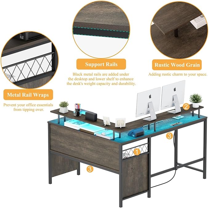 Industrial Home Office Desk with Storage, L Shaped Desk with Power Outlet, Reversible Computer Desk with Monitor Stand, Corner Gaming Desk with Led Lights (Walnut Brown) - LeafyLoom
