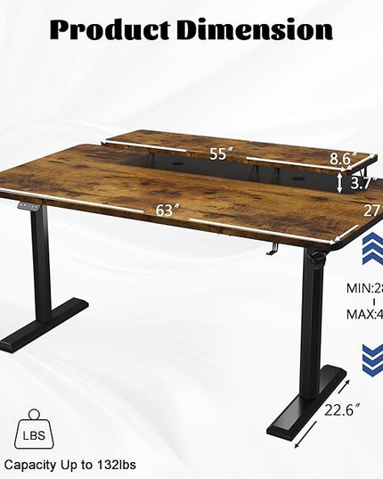 Electric Standing Desk with Monitor Shelf, 63 x 27 Inches Height Adjustable Corner Table, Computer Workstation with Cup Holder and Hook for Home Office, Brown, 63x27 Inch, Rustic Brwon - LeafyLoom