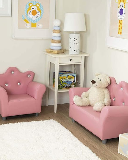 Melissa & Doug Pink Faux Leather Child’s Crown-Back Armchair (Kid’s Furniture) - Princess Chair For Toddlers, Children's Furniture, Pink Chair For Kids - LeafyLoom