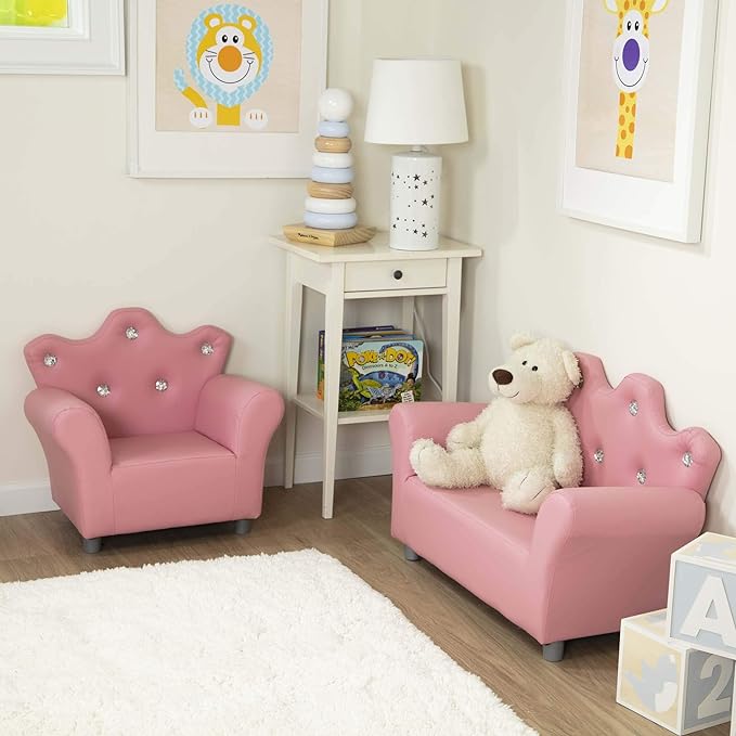 Melissa & Doug Pink Faux Leather Child’s Crown-Back Armchair (Kid’s Furniture) - Princess Chair For Toddlers, Children's Furniture, Pink Chair For Kids - LeafyLoom