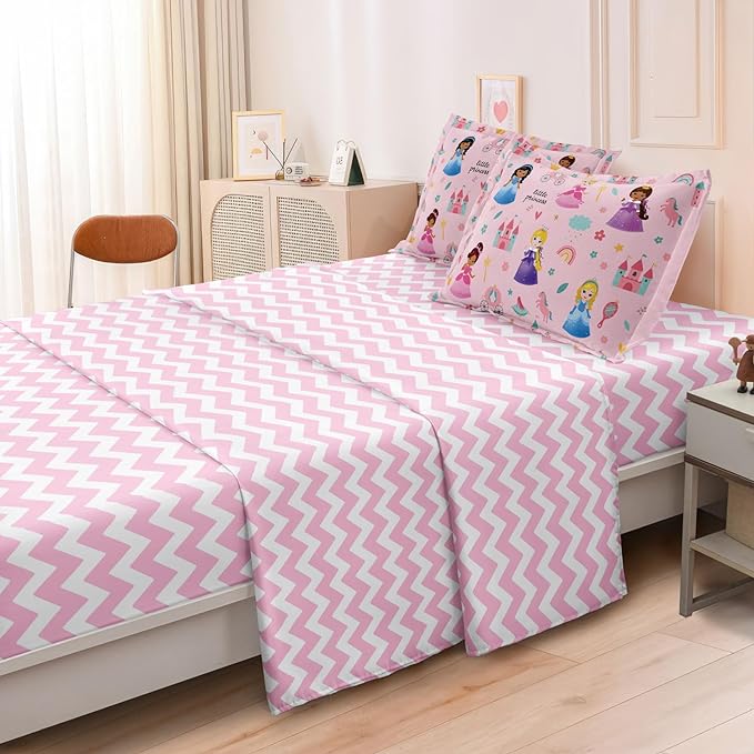 Kids Magical Princess Comforter Set Bed in a Bag Full Size- 5 Piece Soft Cute Castle Bedding Set for Girls (1 Comforter, 1 Flat Sheet, 1 Fitted Sheet, 2 Pillowcases), Pink - LeafyLoom