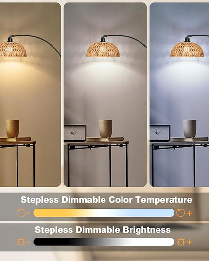 Rattan Floor Lamp- Modern Black Standing Floor Lamps with Remote Control and Stepless Dimmable Bulb, Hand-Worked Adjustable Rattan Lamp Shades Bohemian Floor Lamps for Living Room, Bedroom, Office - LeafyLoom