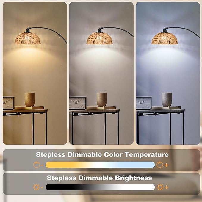 Rattan Floor Lamp- Modern Black Standing Floor Lamps with Remote Control and Stepless Dimmable Bulb, Hand-Worked Adjustable Rattan Lamp Shades Bohemian Floor Lamps for Living Room, Bedroom, Office - LeafyLoom