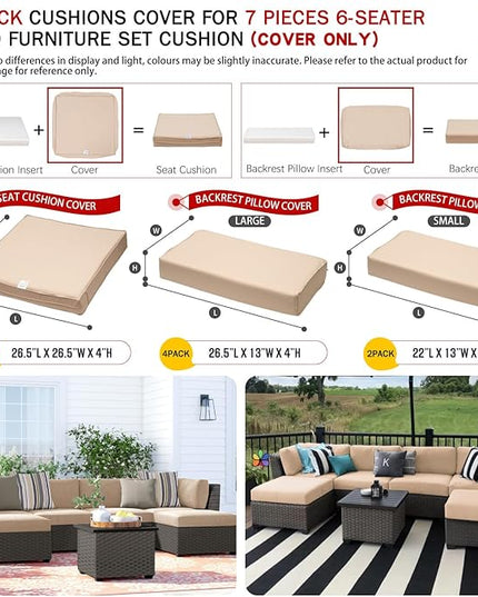 ClawsCover 12 Pack Outdoor Patio Seat and Back Cushions Replacement Covers Fit for 7Pieces 6-Seater Wicker Rattan Furniture Conversation Set Sectional Couch Chair,Light Khaki-Include Cover Only - LeafyLoom