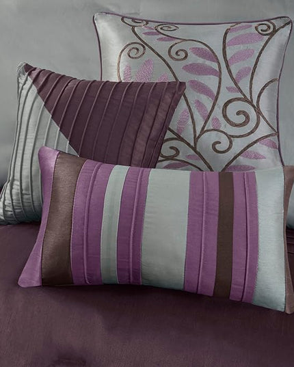 Madison Park Amherst Faux Silk Comforter Set-Casual Contemporary Design All Season Down Alternative Bedding, Matching Shams, Bedskirt, Decorative Pillows, Queen (90 in x 90 in), Purple, 7 Piece - LeafyLoom