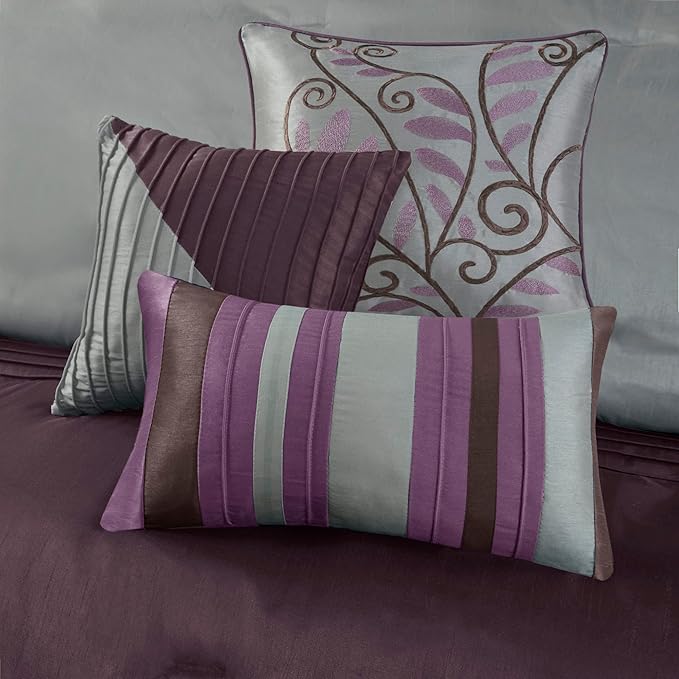Madison Park Amherst Faux Silk Comforter Set-Casual Contemporary Design All Season Down Alternative Bedding, Matching Shams, Bedskirt, Decorative Pillows, Queen (90 in x 90 in), Purple, 7 Piece - LeafyLoom
