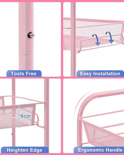 TOOLF 3-Tier Metal Rolling Cart, Mesh Wire Easy Assemble Utility Cart, Storage Trolley on Wheels with 3 Hooks, MetalStorage Shelving Units for Kitchen Bathroom Laundry Room - LeafyLoom