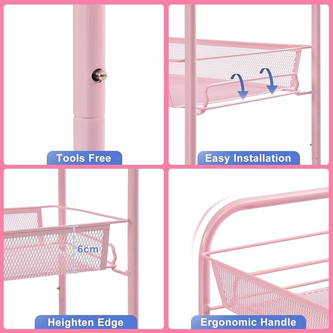 TOOLF 3-Tier Metal Rolling Cart, Mesh Wire Easy Assemble Utility Cart, Storage Trolley on Wheels with 3 Hooks, MetalStorage Shelving Units for Kitchen Bathroom Laundry Room - LeafyLoom
