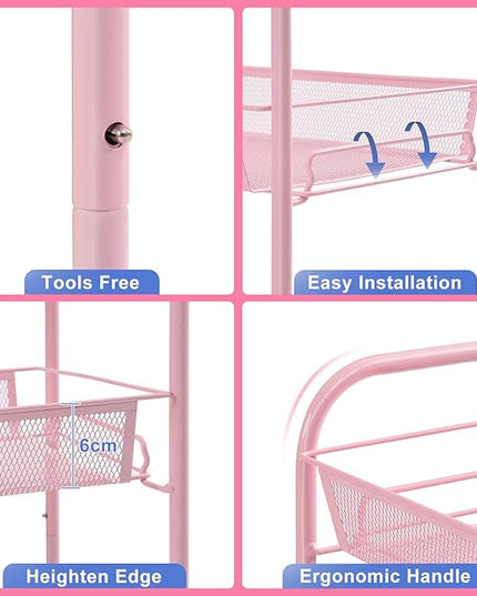 TOOLF 4-Tier Rolling Cart, Metal Utility Cart with 3 Hooks, Easy Assemble Mobile Storage Trolley On Wheels, Metal Shelving Units Kitchen Bathroom Laundry Room - LeafyLoom