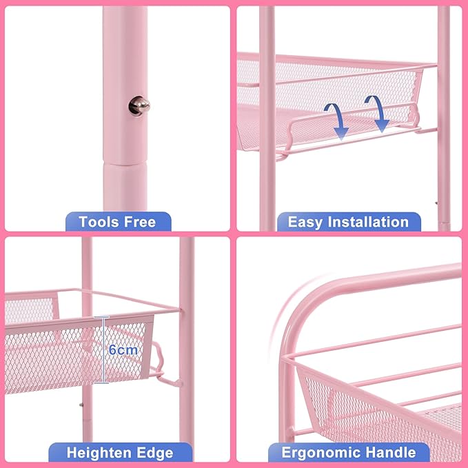 TOOLF 4-Tier Rolling Cart, Metal Utility Cart with 3 Hooks, Easy Assemble Mobile Storage Trolley On Wheels, Metal Shelving Units Kitchen Bathroom Laundry Room - LeafyLoom