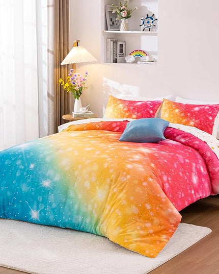 A Nice Night Gradient Glitter 6Pcs Bed in A Bag Bedding Set for Girls Full Size, Colorful Rainbow Galaxy Comforter Set, Ultra Soft Bedding Sets, YellowBlue - LeafyLoom