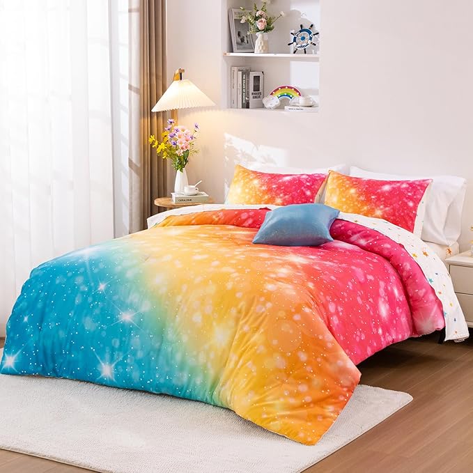 A Nice Night Gradient Glitter 6Pcs Bed in A Bag Bedding Set for Girls Full Size, Colorful Rainbow Galaxy Comforter Set, Ultra Soft Bedding Sets, YellowBlue - LeafyLoom