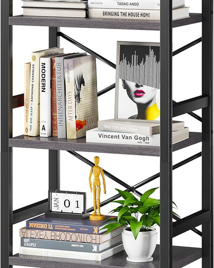 Bookshelf, 3 Tier Industrial Bookcase, Metal Small Bookcase, Rustic Etagere Book Shelf Storage Organizer for Living Room, Bedroom, and Home Office(Grey) Patent Pending D29873033 - LeafyLoom